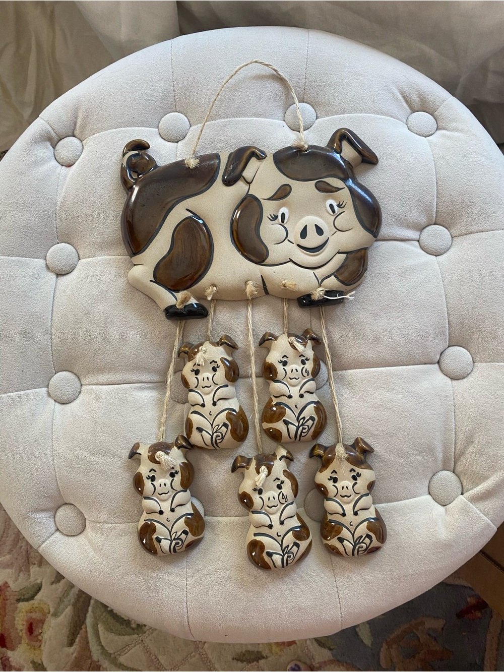 Vintage Ceramic Mama Pig and Piglets Wind Chimes Or Wall Hanging